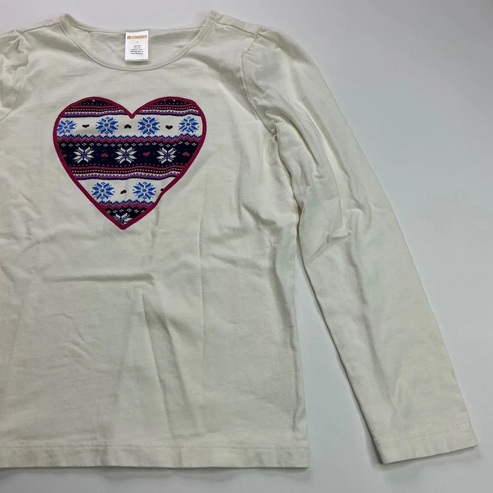Gymboree Cream Heart Graphic Top Kids Size 7 Fair Isle Long Sleeve Tee